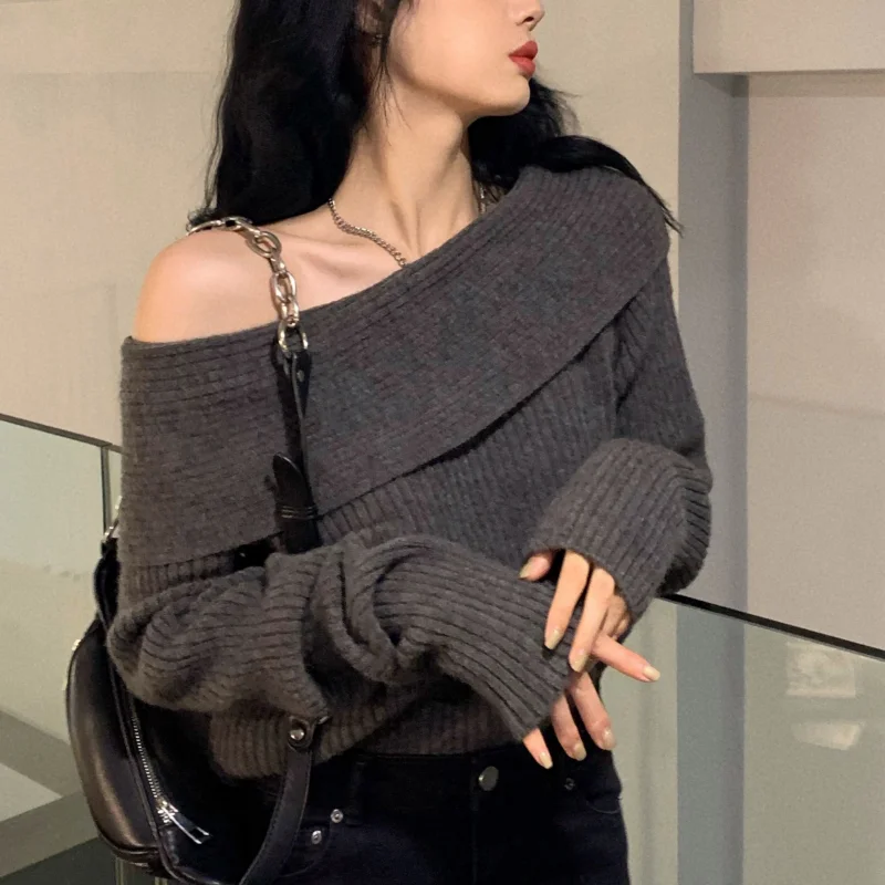 Fashion Autumn Women Off Shoulder Sweater Long Sleeve Elegant Casual Solid Knitted Tops Sexy Pullover Clothing Spring Knitwear