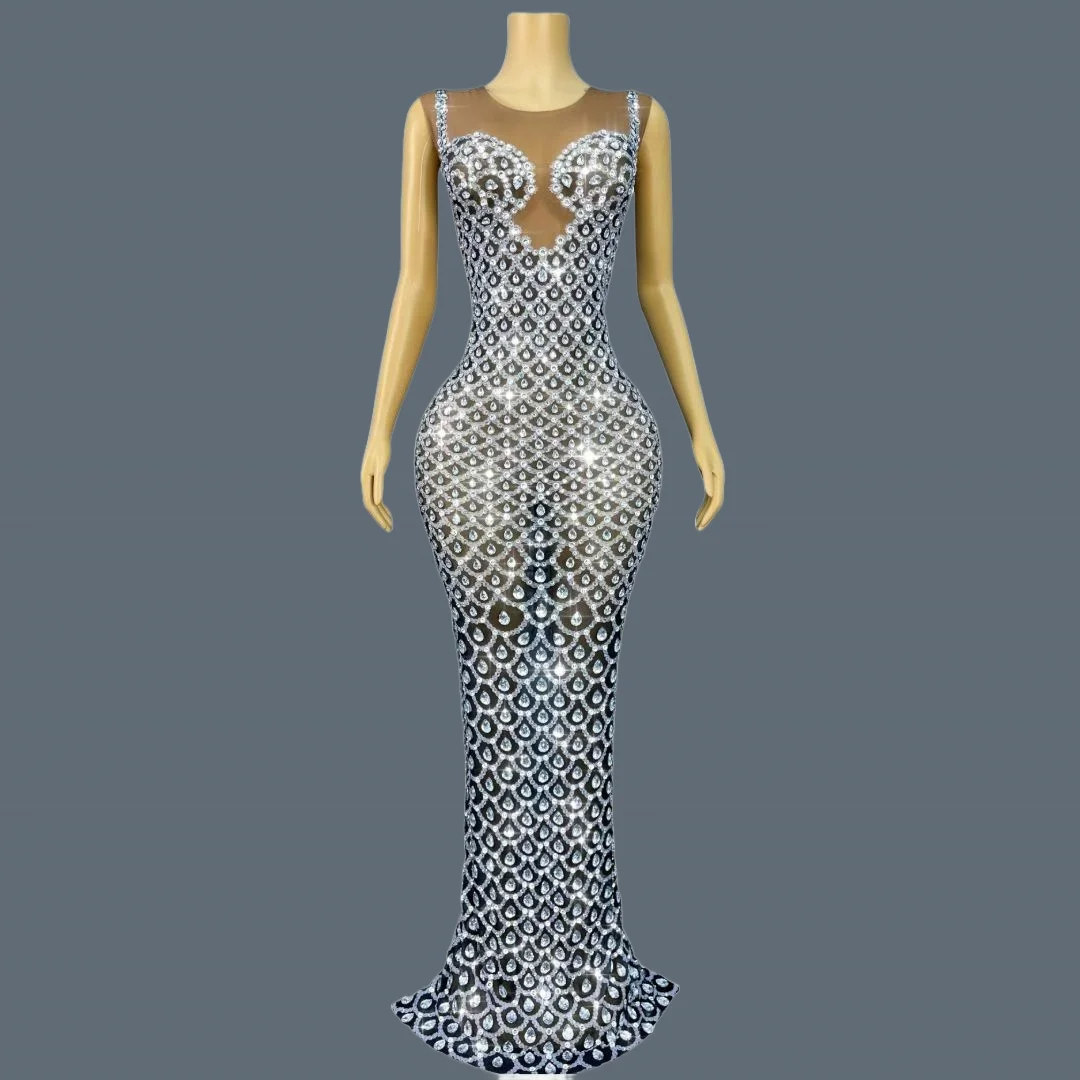 

Luxury Crystals Evening Gown Sparkly Rhinestone Mermaid Dress for Gala Prom Red Carpet Elegant Long Formal Mesh Dress Yuquan