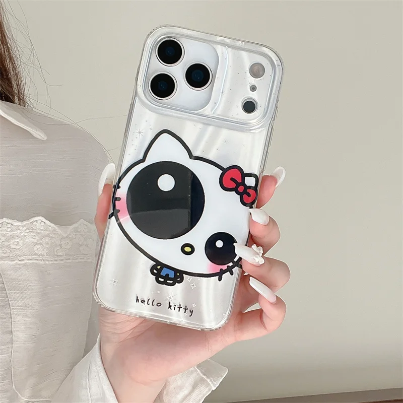 

Kawaii Big Eye Hello Kitty Glitter Clear Phone Case For iPhone 15 16 17 Pro Max INS Sweet Cute Style Large Window Shockproof Cov