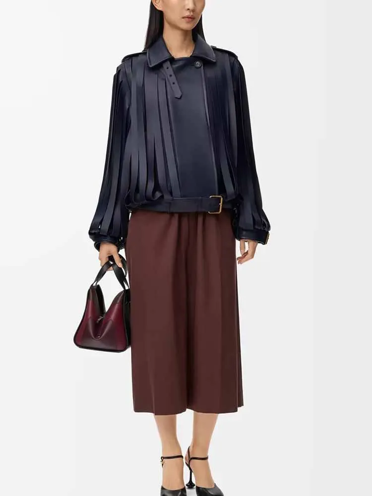 

European and American style women's new fashion versatile niche design fringed high-end stand-collar long-sleeved leather jacket