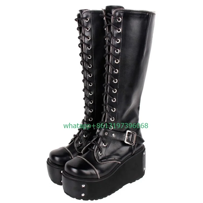 Lady sexy black gothic punk style boots PU leather lace-up platform knee boots height top zip buckle design boots party dance