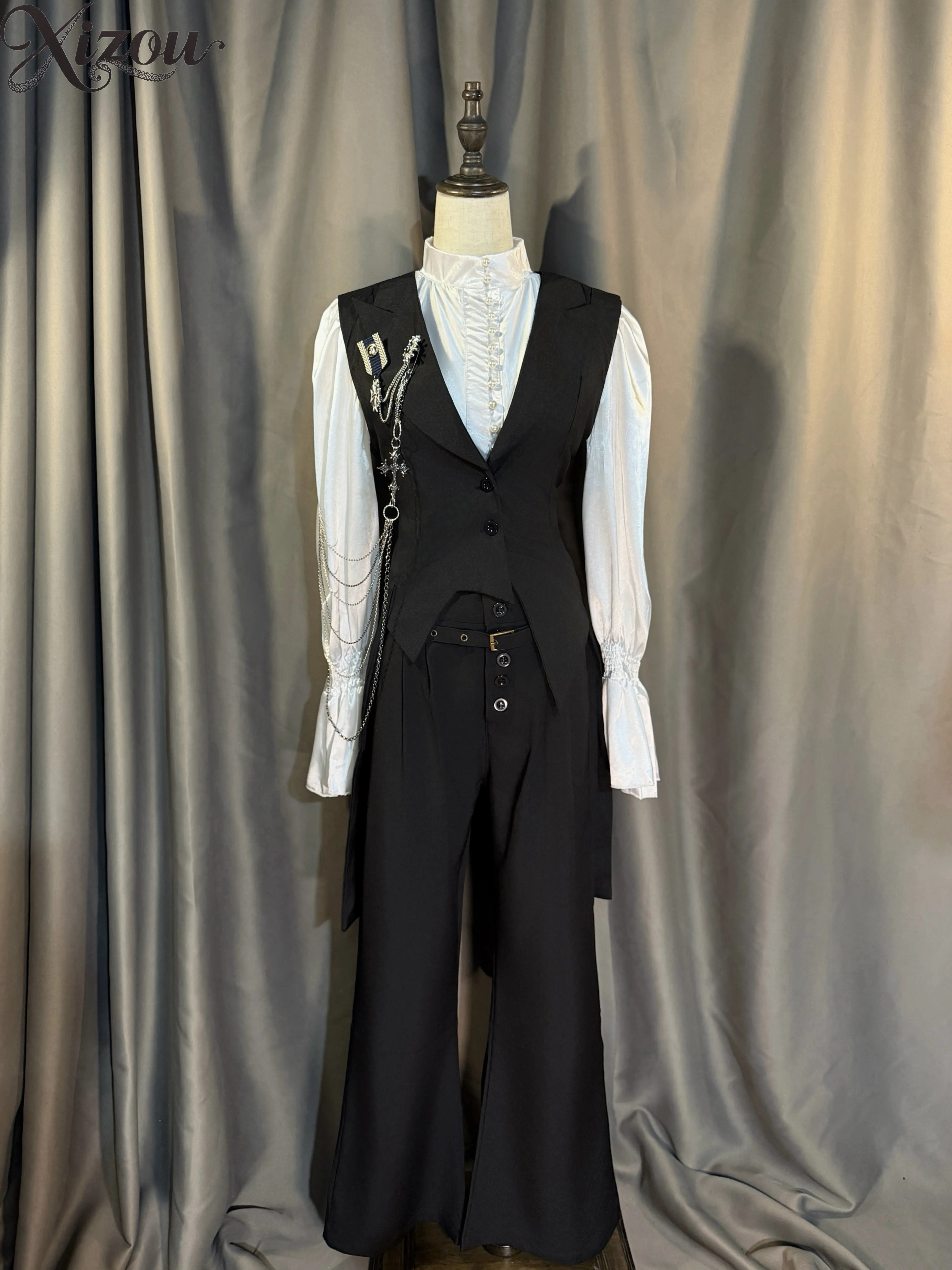 Conjunto de 3 piezas estilo Lolita Prince, atuendo gótico vintage de caballero real, camisa con cuello alto, chaleco tipo frac y pantalones acampanados con broche de cadena.