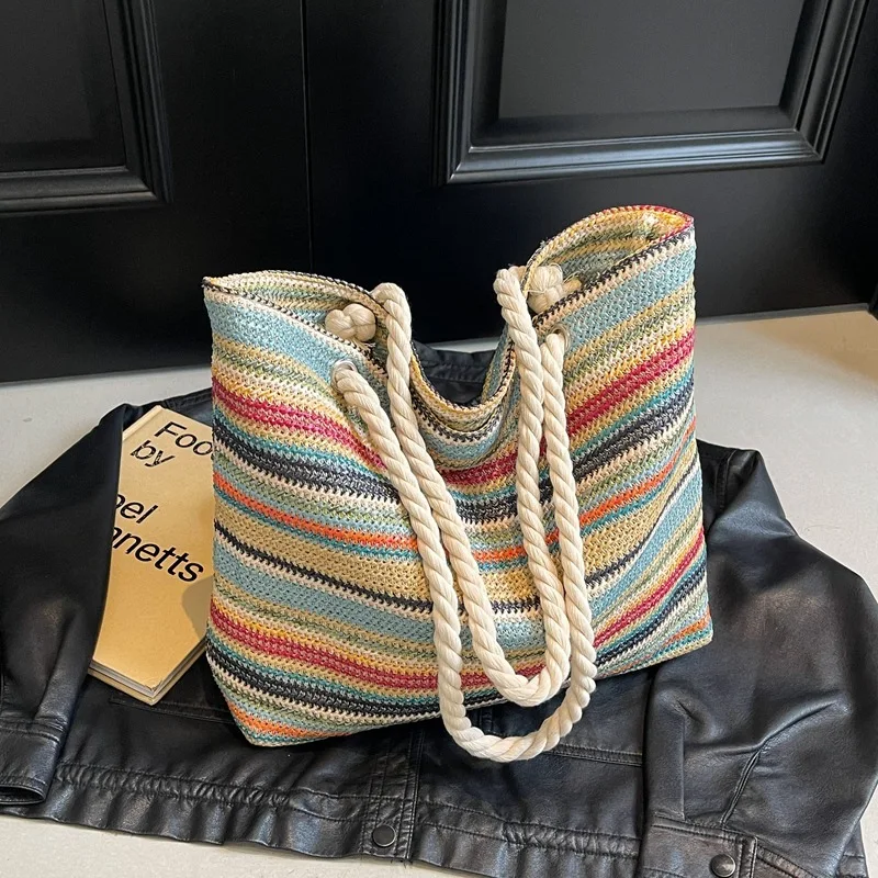 Women shoulder bag cusal tote bag fashion Korean rainbow striped rope shoulder strap women's bag