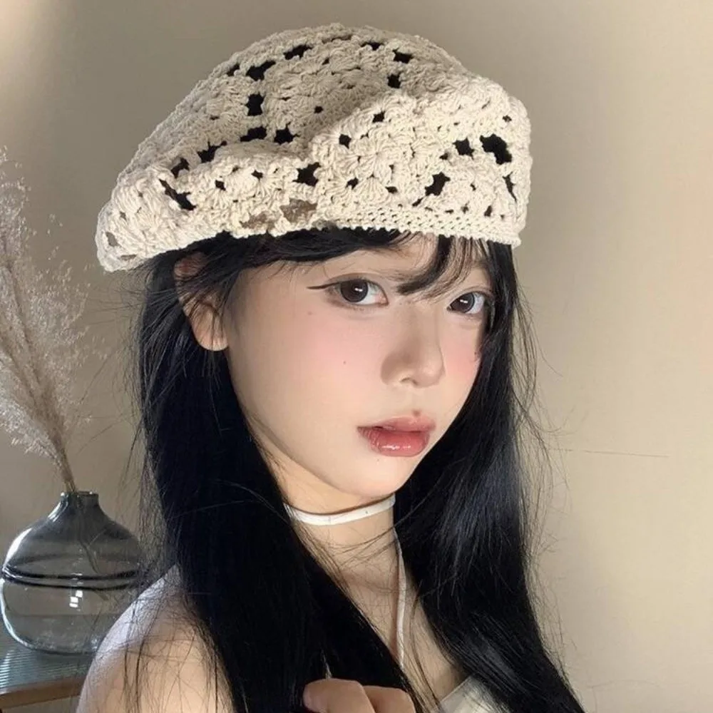 

Breathable Flower Hat Thin Big Head Circumference Hollowed Out Beret Headgear Japanese Style Crochet Knitted Cap Girls