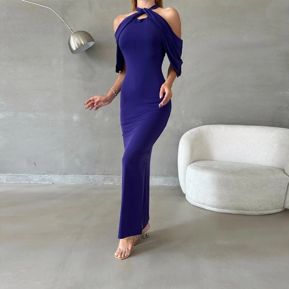 

ROSELLA Sexy Cross Halter Ruched Sleeves Women Party Evening Dress Ankle Length Sheath Mermaid Prom Gown New 2023