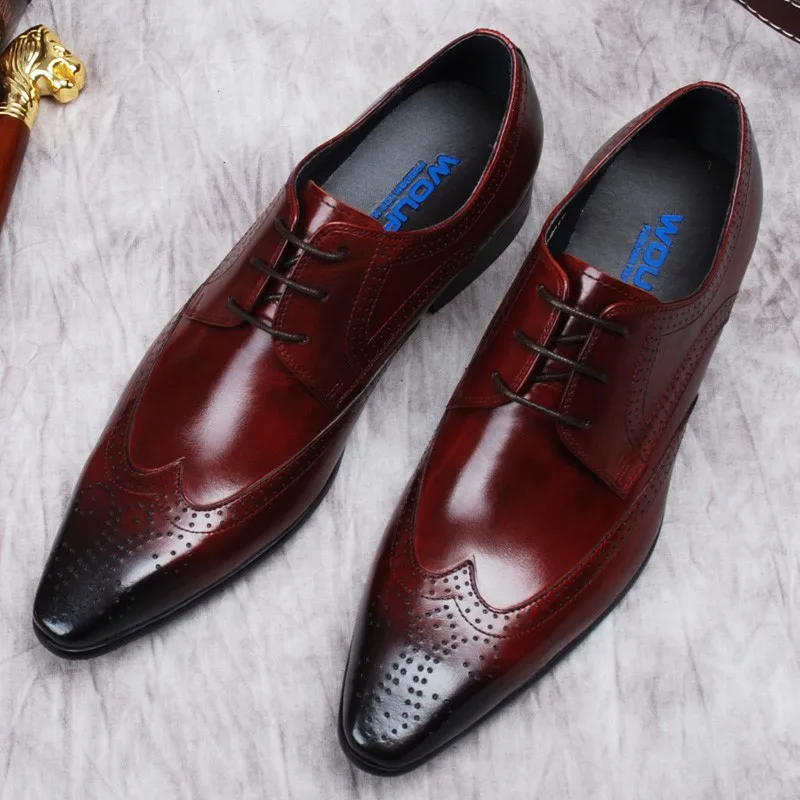 

Luxury Mens Genuine Leather Dress Shoes Pointy Men's oxford Leather Wedding Shoes Black Burgundy Lace Up Shoes Formal For Men