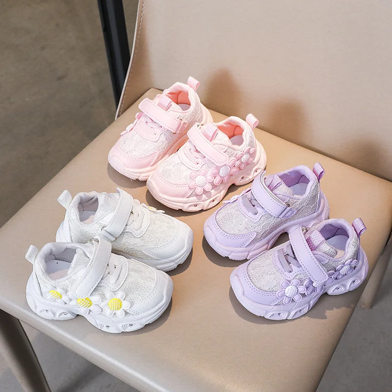 Floral Mesh Dad Shoes Girls Spring Autumn Soft-Soled Non-Slip Casual Shoes Children Lightweight Comfortable Sports Shoes Kids