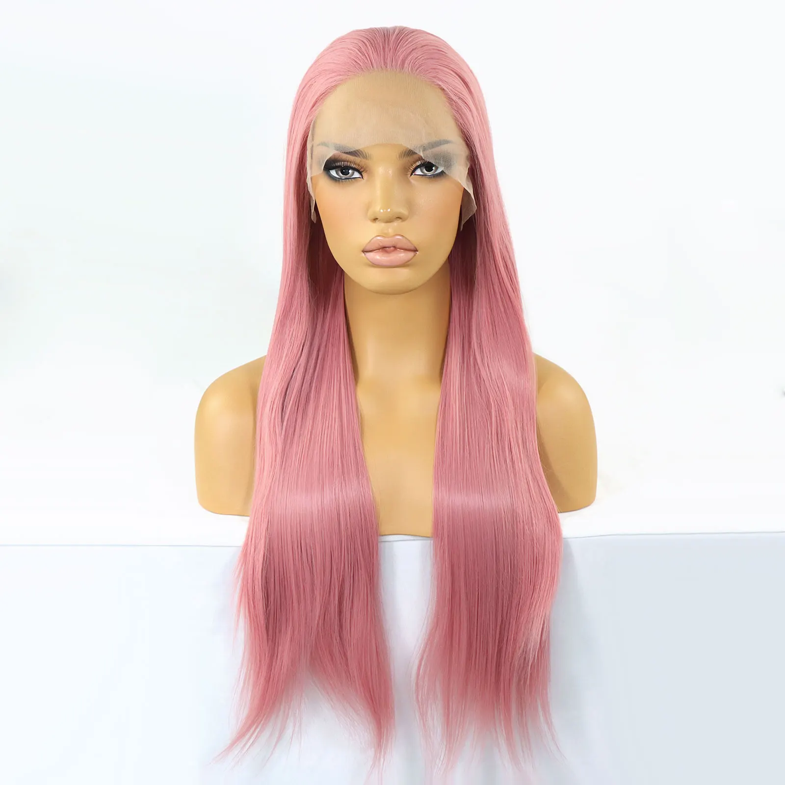 Light Pink Colored Synthetic Lace Front Wigs For Women 26 Inch Long Smooth Straight Hair Cosplay Party Wig 13X3 Lace Frontal Wig