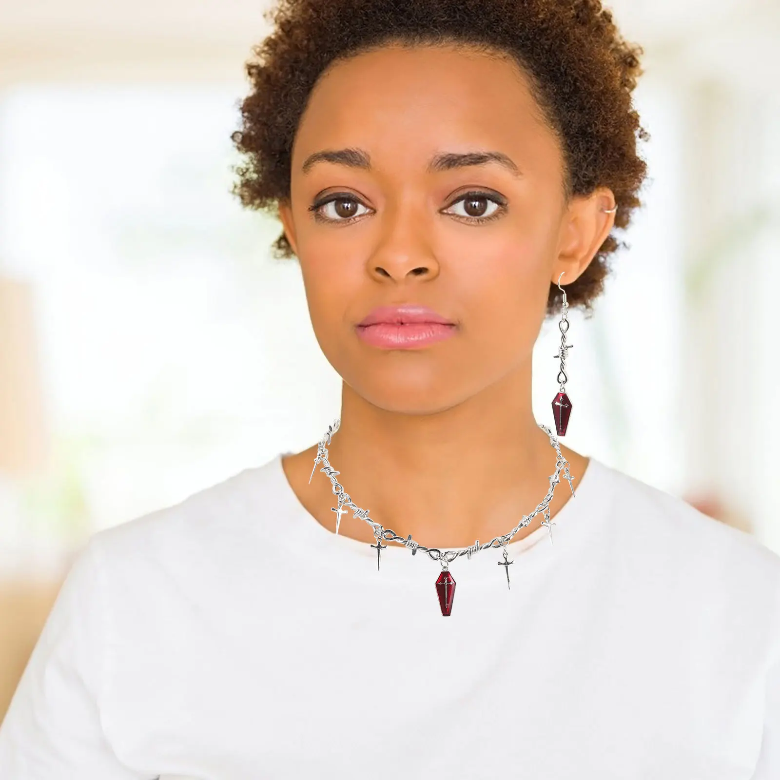 

1Set Goth Jewelry Set and Earrings for Women Metal Pendant Dangle Ears Spooky Neck Ornament Creative Fashion