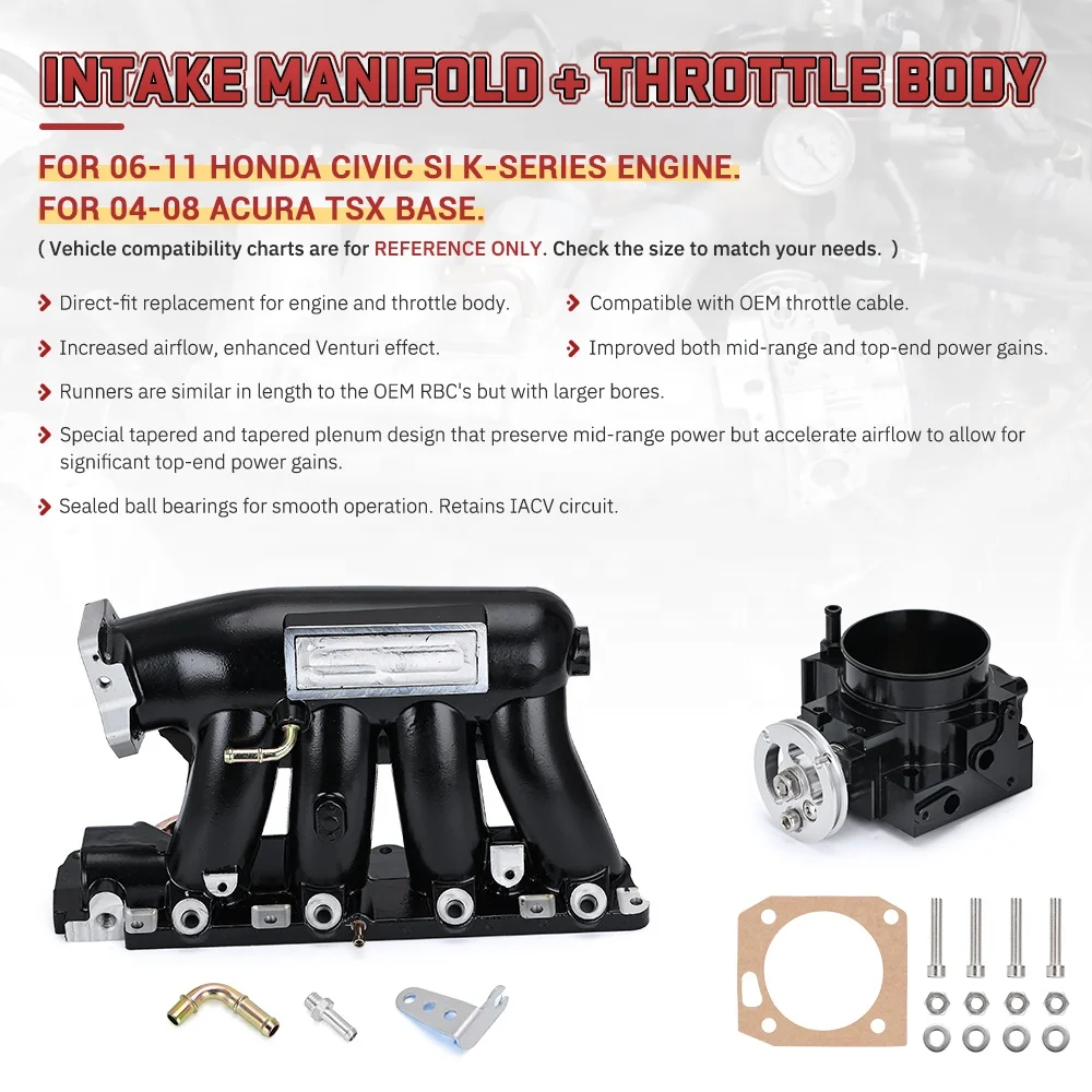 Aluminum Intake Manifold Throttle Body for 06-11 Honda Civic 04-08 Acura TSX K20Z3 Silver/Black PQY-IM52+6951