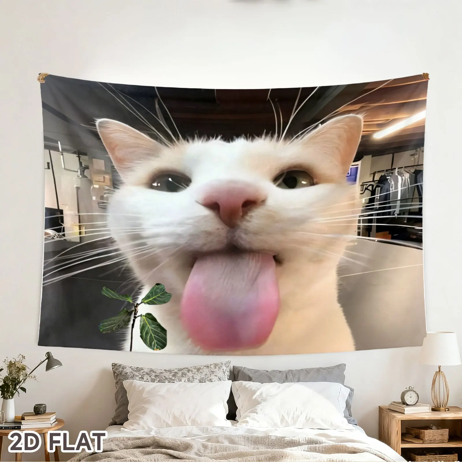 Cute Cat Tongue Funny Tapestry Polyester Wall Hanging Fabric Art Print for Modern Home Decor Living Room Bedroom Wall Decoration