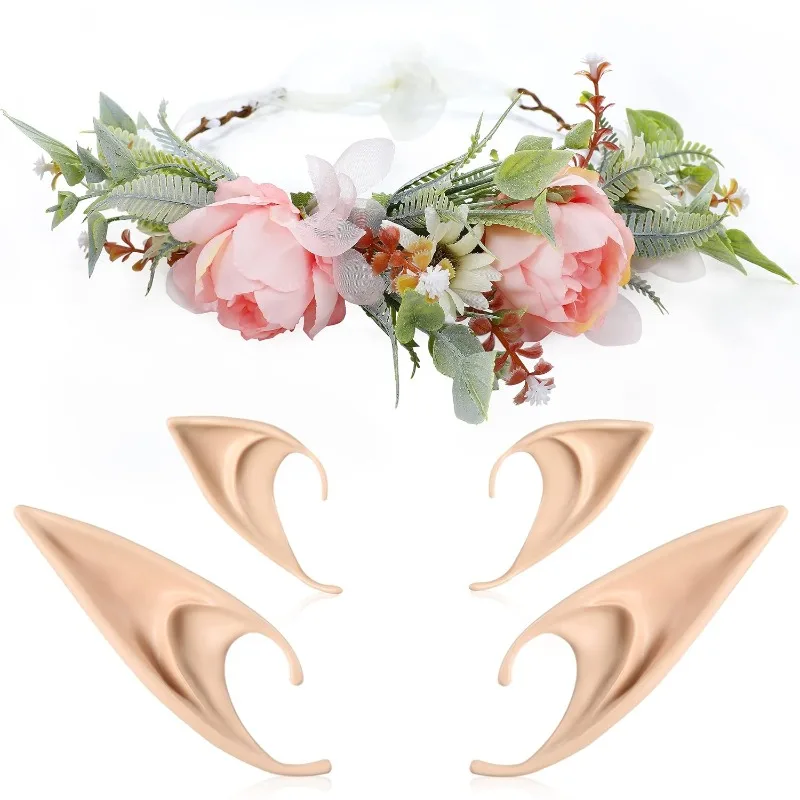3pcs/Fairy Ears & Floral Headband Set – Renaissance Halloween Cosplay Crown Kit for Women, Christmas Party Costume Accessories