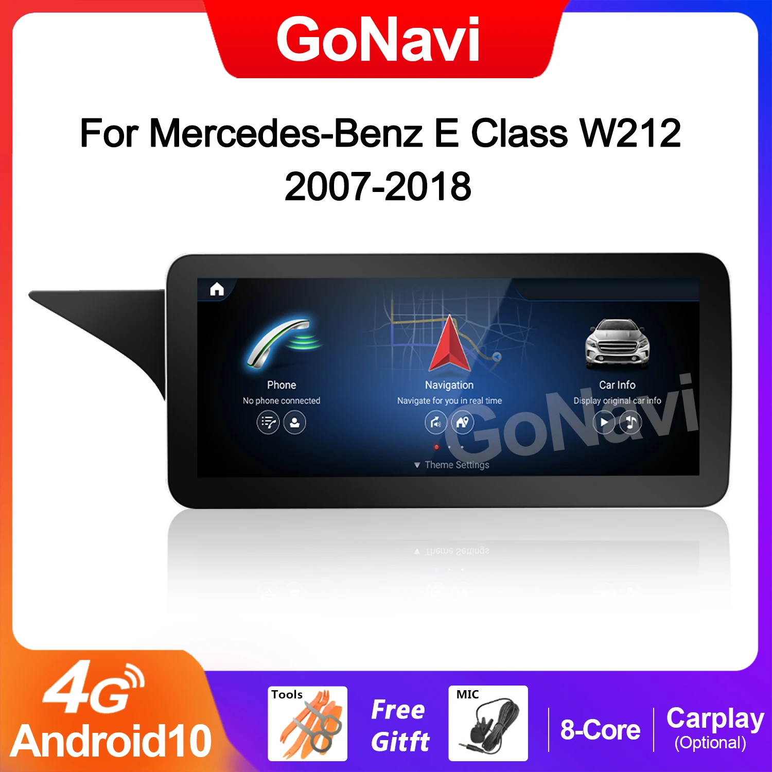 

Автомобильный мультимедийный плеер GoNavi 8 ядер Android для Mercedes W212 2009-2016 аудио WIFI 4G Carplay GPS навигация радио приемник