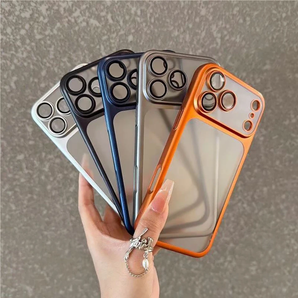 Funda de lujo translúcida a prueba de golpes para iPhone 17 13 15 16 14 Pro Max 17Pro 16Pro Air, con borde metalizado y cubierta trasera mate 6