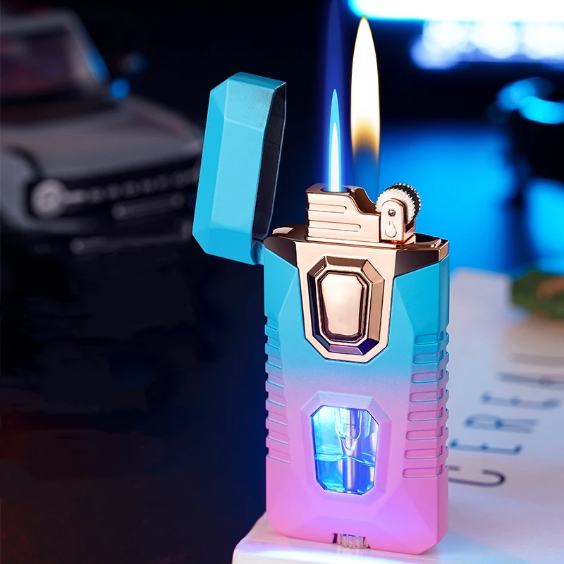 New Metal Windproof Double Jet Flame Butane Gas Lighter Transparent Oil Window LED Blue Light Originality Personalized Lighter