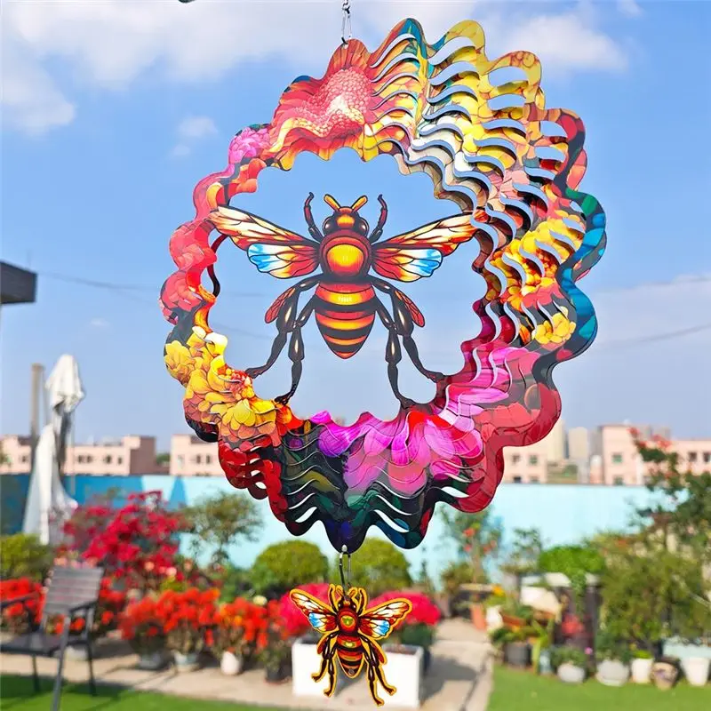 AB11 Flowering Bee Wind Chimes, Wind Spinner Outdoor, Stainless Steel Hanging Wind Spinners for Decoration, 3D Visual Effect