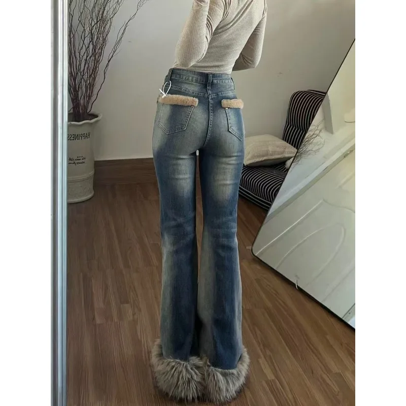 American Retro Washed Fluff Splicing Design Sense Jeans Women's Winter High Street Babes Slim-fitting Slightly Elongated Pants