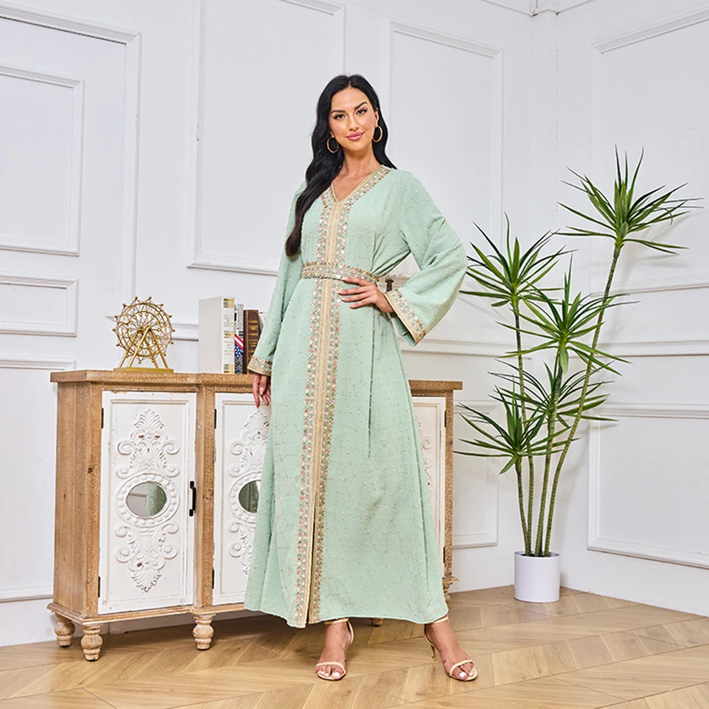 

Muslim Dress For Women Dropshipping Veiled Women Clothes Green Summer Outfit Female Long Dresses Cheap Moon Abaya Jalabiya Sets