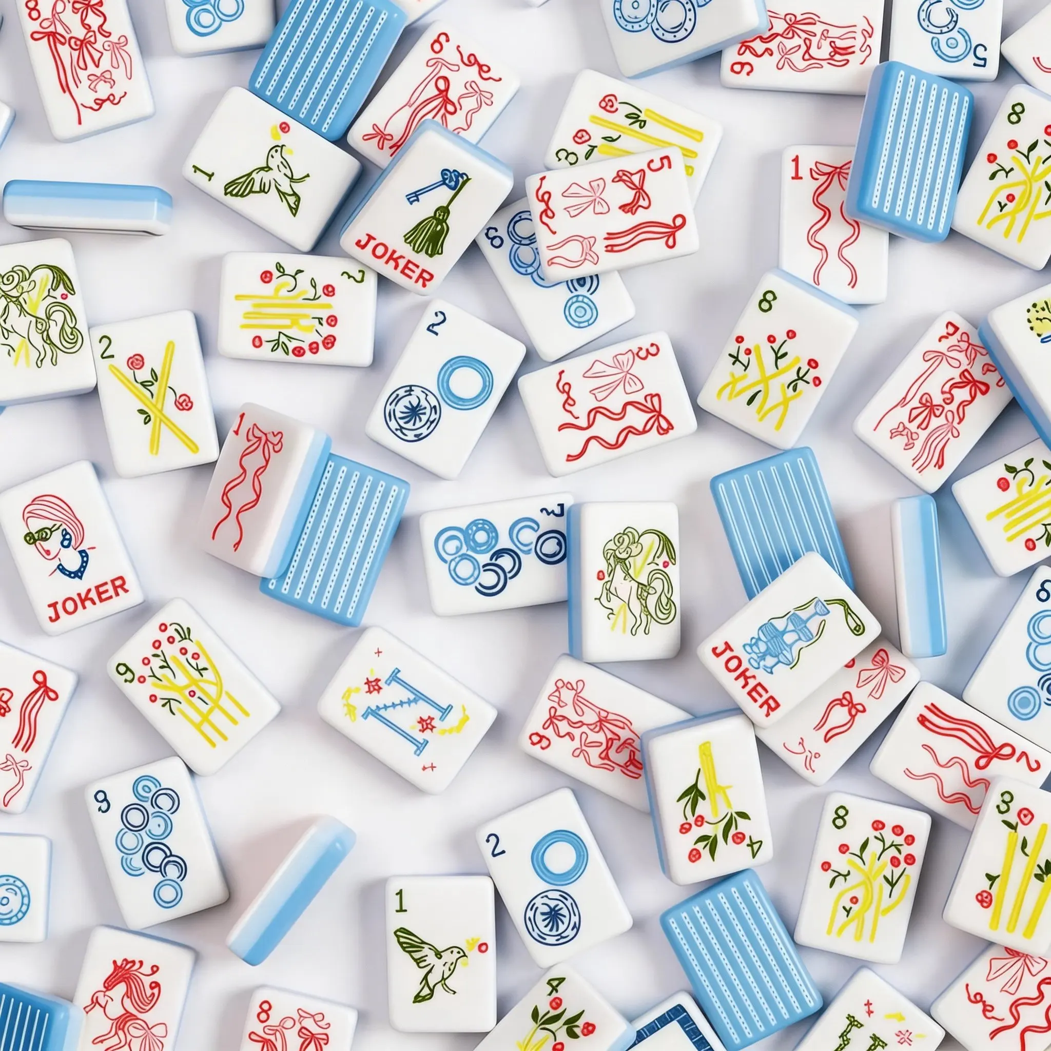 Luxury Blue Thin-striped Bow 3-Layer Acrylic Melamine Mahjong Tiles, 160 Pieces, Foldable Durable Water-Resistant Set