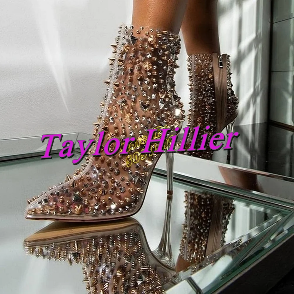 Rhinestone Rivets Ankle Boots Pointed Toe Stiletto Transparent Side Zipper Sexy 2024 Autumn Women Banquet Shoes