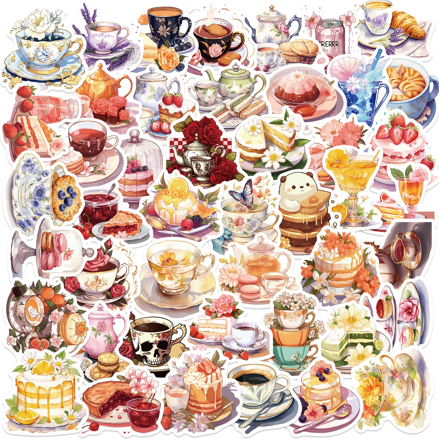 50pcs Cartoon Aesthetic Afternoon Tea Cake Stickers For Laptop Water Bottle Luggage Notebook Waterproof Graffiti Vinyl Decal﻿