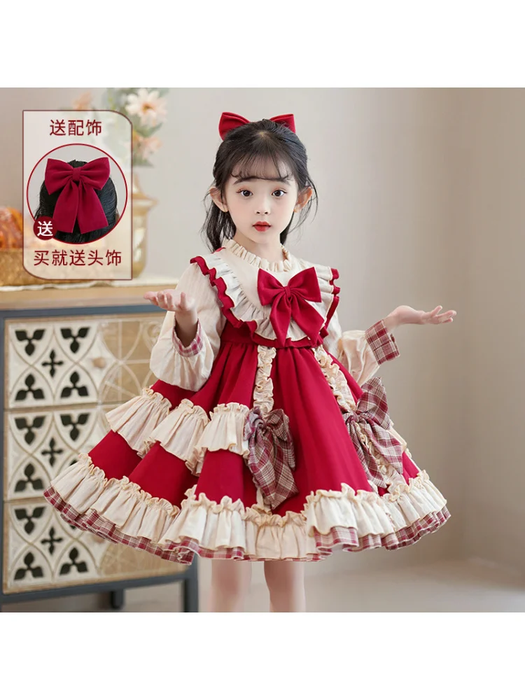 Children Birthday Princess Dress Girls2024New Autumn Lolita Dresses Western Style Bubble Skirt