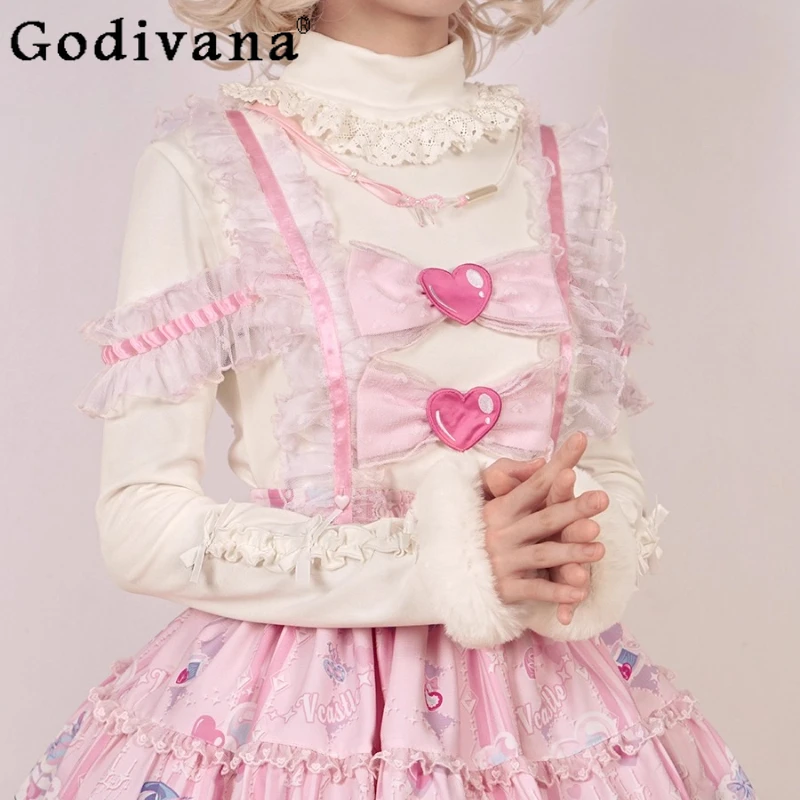 

Original Cute Girl's Sweet Lolita Inner Long Sleeve Top Autumn Winter New Women's Slim Warm Fleece-lined Bottom Lolita Pullover