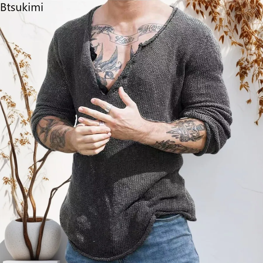Spring Autumn Men's Casual V-neck Thin Sweaters Solid Long Sleeve Knitted Pullover Men Harajuku Streetwear Vintage Knitwear Tops