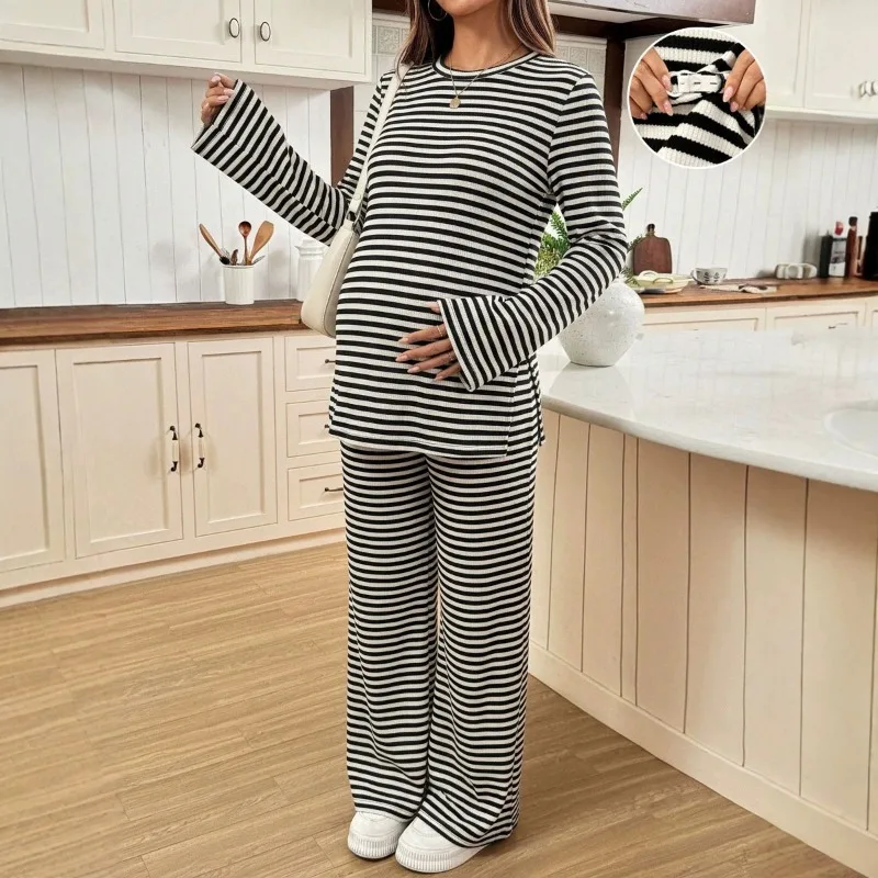 2pcs-casual-maternity-dress-loose-bell-sleeve-top-waist-adjustment-straight-leg-trousers-autumn-pregnancy-clothes