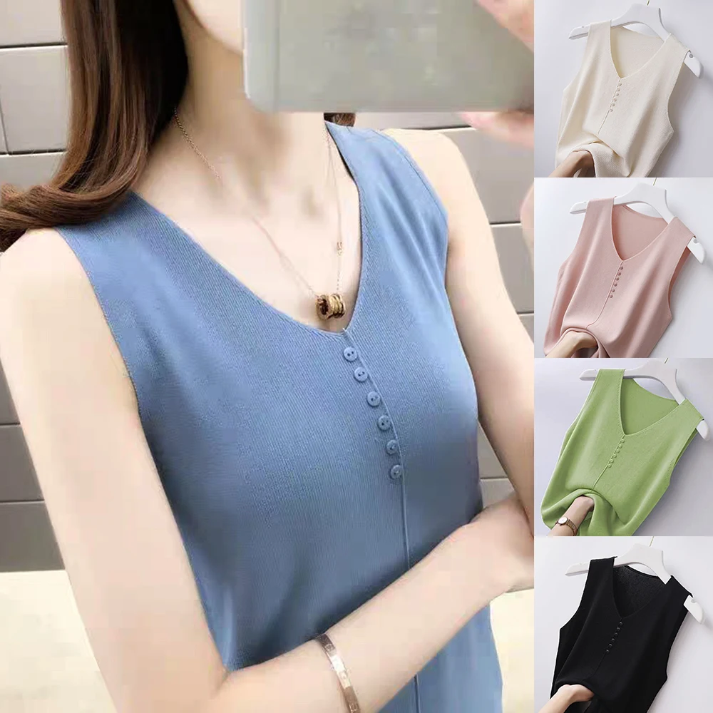 Casual Women Knitted Vests V-neck Solid Top 2024 Summer Plus Size Seeveless Shirts Thin Bottoming Undershirt Woman Clothing New