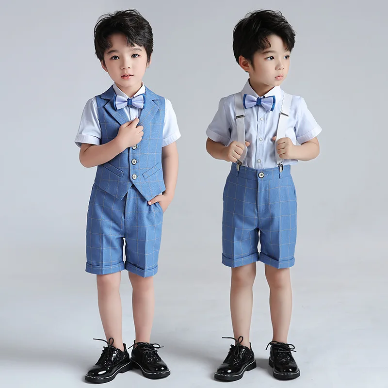 

Children Formal Wedding Suit For Boys Vest+Pants+Shirt+Bowtie 4Pcs Tuxedo Dress Kids Summer England Photography Blazer Costume