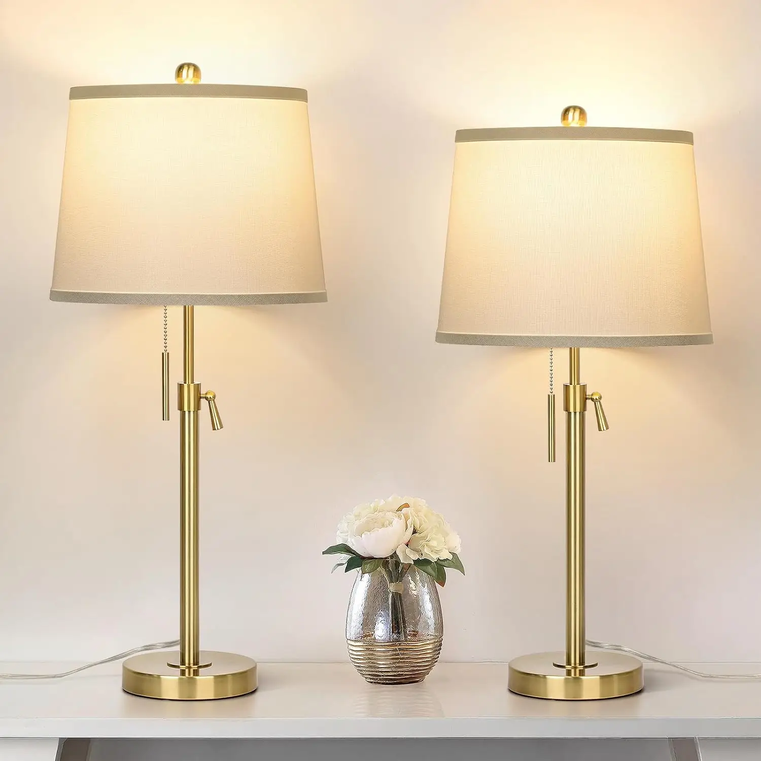 

Adjustable Height Table Lamps 2 Pack 22-30 inch with LED Bulbs, Modern Gold End Lamps with 3 Color Temperatures for Living Room