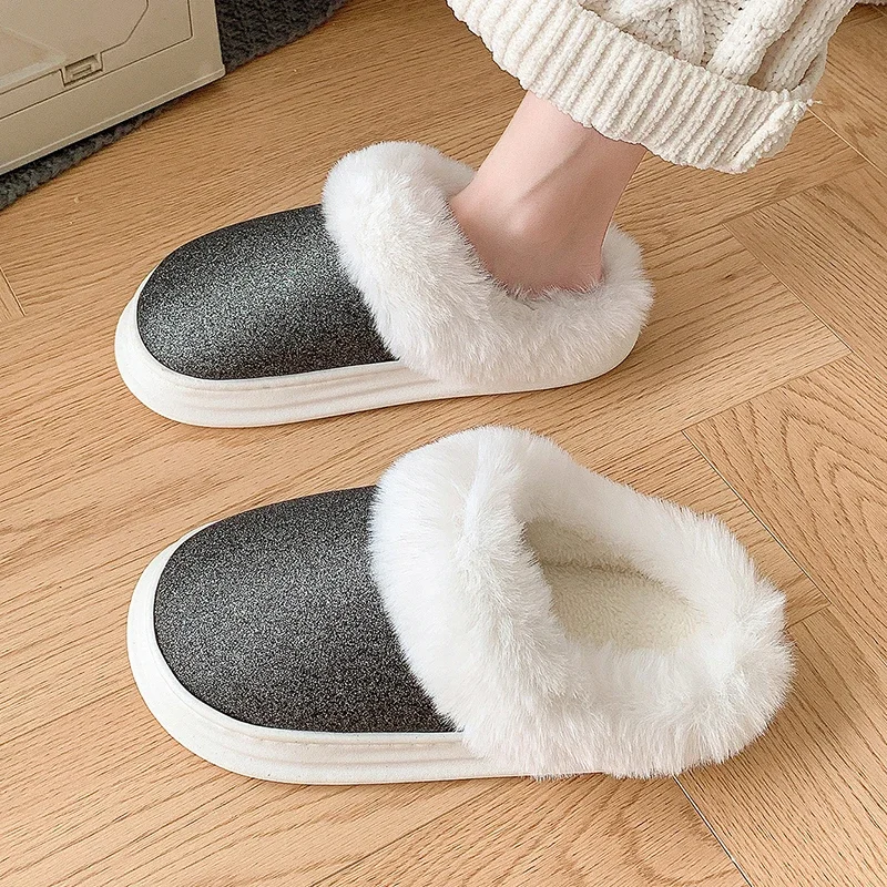 

Fluffy Slippers Women House Fashion Bling Designer Winter Shoes Ladies Flats Elegant Casual Plush Platform Footwear Large Size