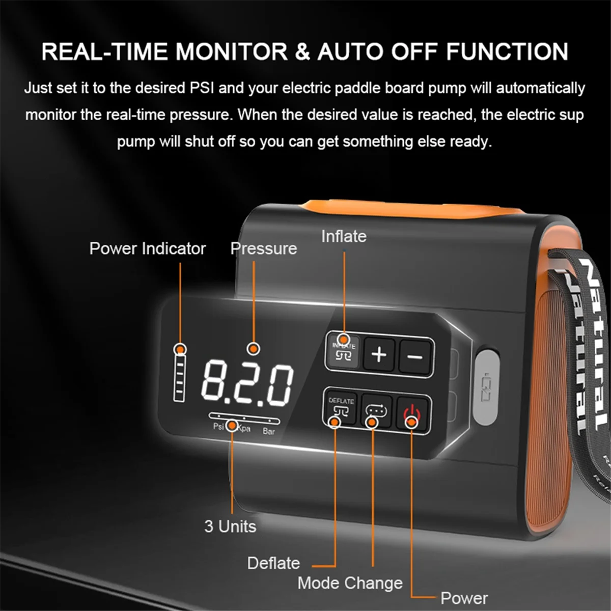 N17R 22PSI مضخة هواء ذكية SUP قابلة لإعادة الشحن تعمل بالبطارية لألواح مجداف قابلة للنفخ إيقاف تلقائي عالي الضغط ذكي #3