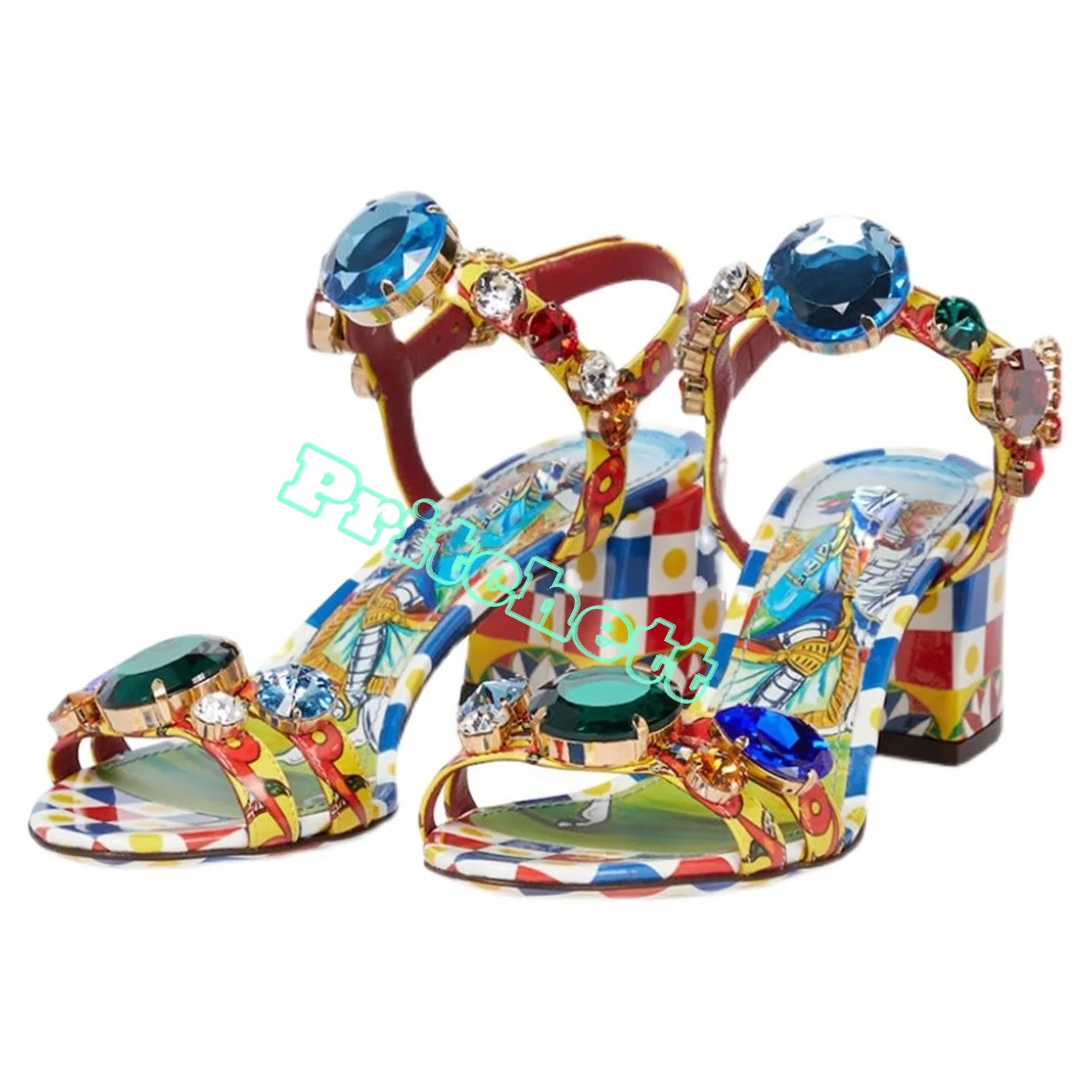 Colored Rhinestone Chunky High Heel Round Open Toe Women Sandals Ankle Strap Buckle Summer Shoes 2024 New Arrivals Luxury