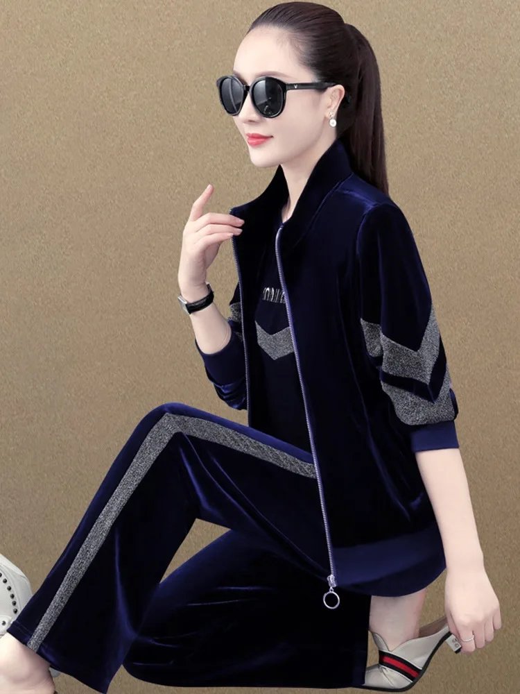 Golden Velvet Sports Set Women's Spring and Autumn Loose Long Sleeve Casual Wide Leg Pants Three Piece Set