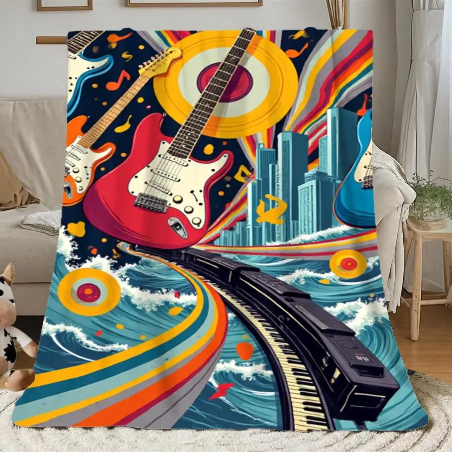 1pc Warm Premium Flannel Blanket with Vibrant Pop-Art Music City Design, Featuring Electric Guitars And Retro Elements, Soft 280GSM Decorative Throw for All Seasons, Perfect As Home Decoration And Holiday Gift Choice