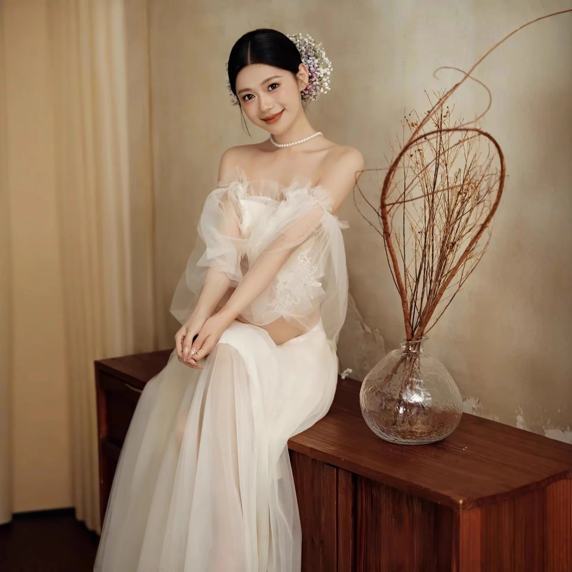 Women Photography Props Perspective White Lace Elegant Maternity Dresses Full Sleeves Pregnancy Dress Studio Photoshoot Props