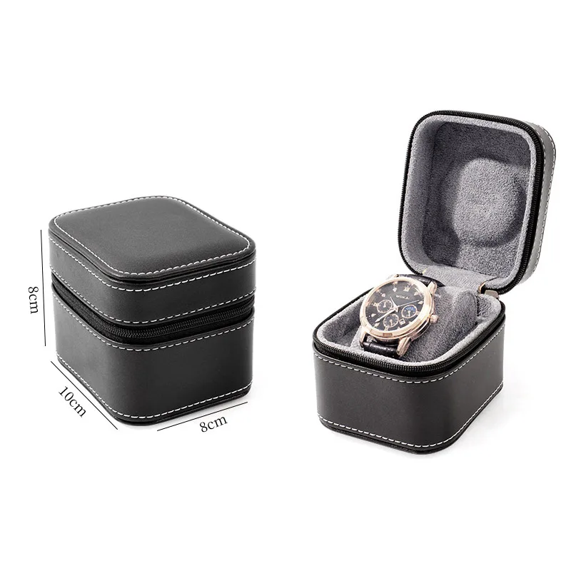 Single Watch Case PU Leather Zipper Watch Travel Case with Removable Cushion Storage Case Organizer Portable Square Watch Box