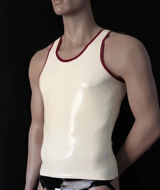 Simple Style Men's White Slim Latex Sleeveless Shirt with Red Trims Design 100% Handmade Crafts