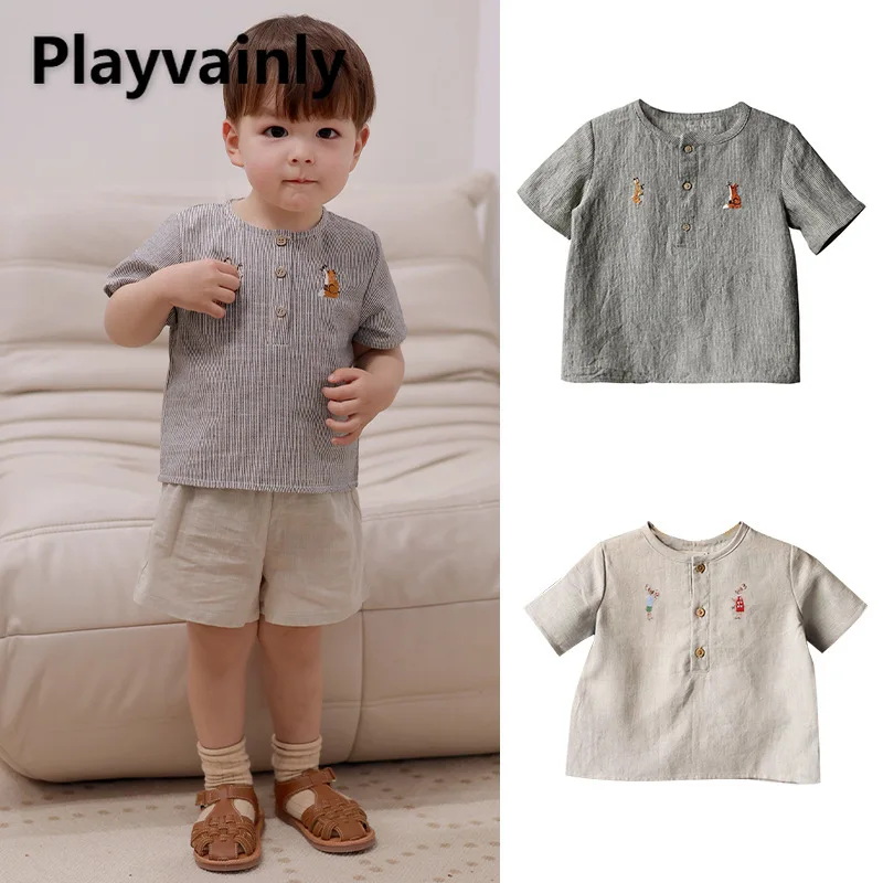 新しい夏の子供ショートパンツスリーブシャツ漫画刺繍ラウンドネックプルオーバーブラウスソフトと肌に優しい子供トップス-a24551