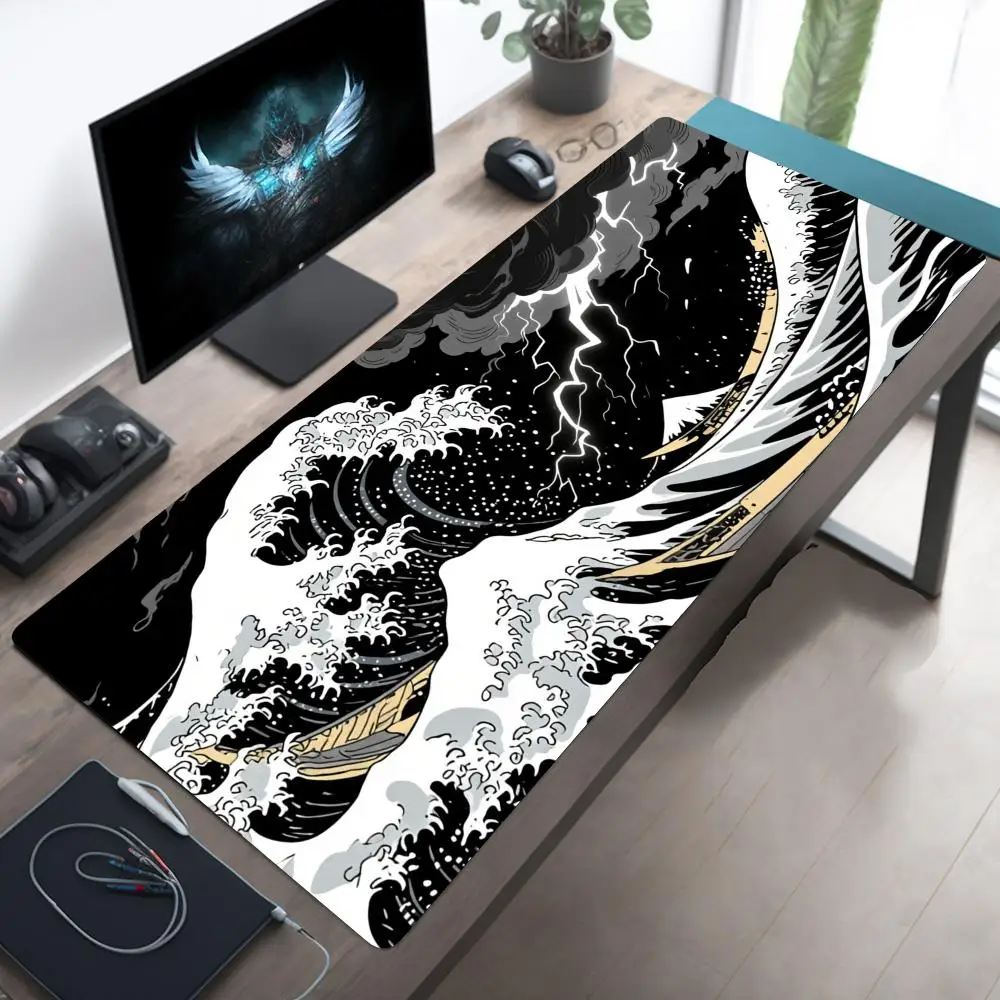 

Большой коврик для мыши с черными художественными волнами, настольный коврик с прошитыми краями, нескользящие прочные аксессуары для ПК, игровой коврик tapis de souris