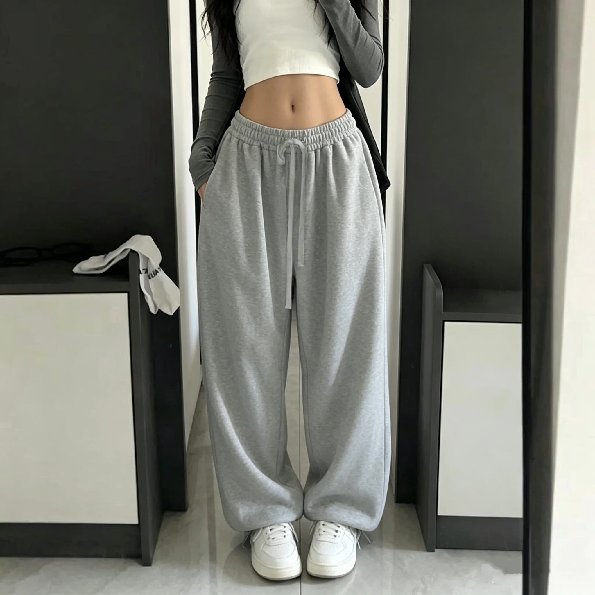 Women Casual Vintage Drawstring Pant Y2k Fashion Solid Jogging Sweatpants Lady Korean Chic Streetwear High Waist Jazz Trousers
