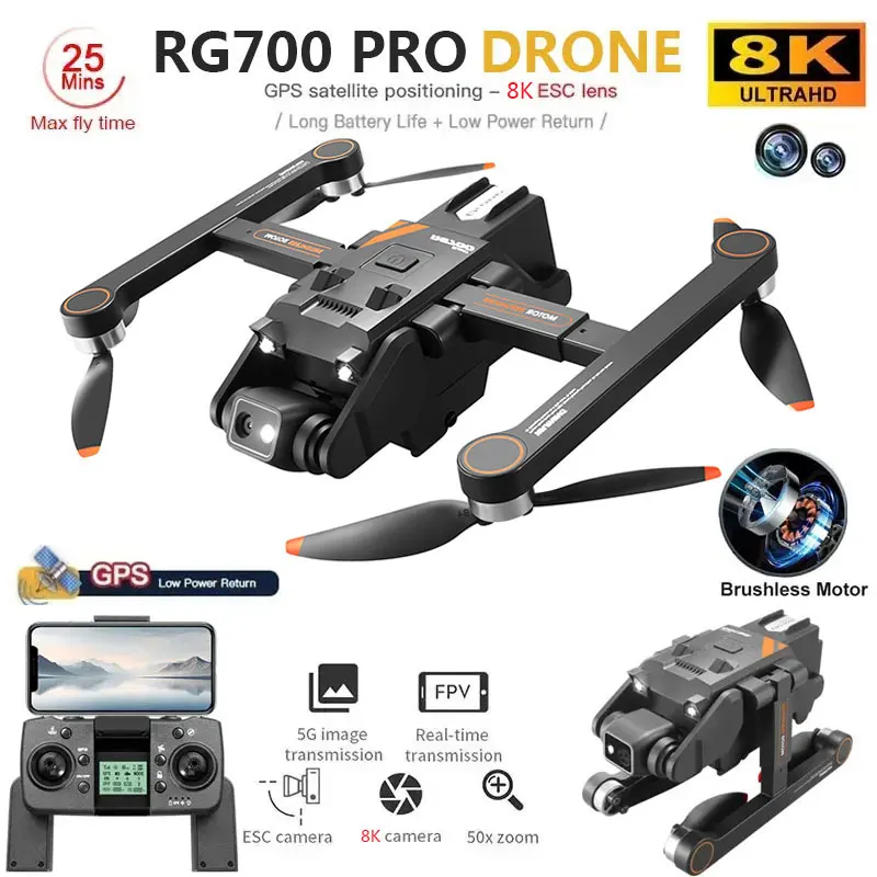 RG700 PRO GPS Drone 8K Professional HD Dual Camera 5G Wifi Obstacle Avoidance Brushless Foldable Quadcopter RC Distance 2KM Dron