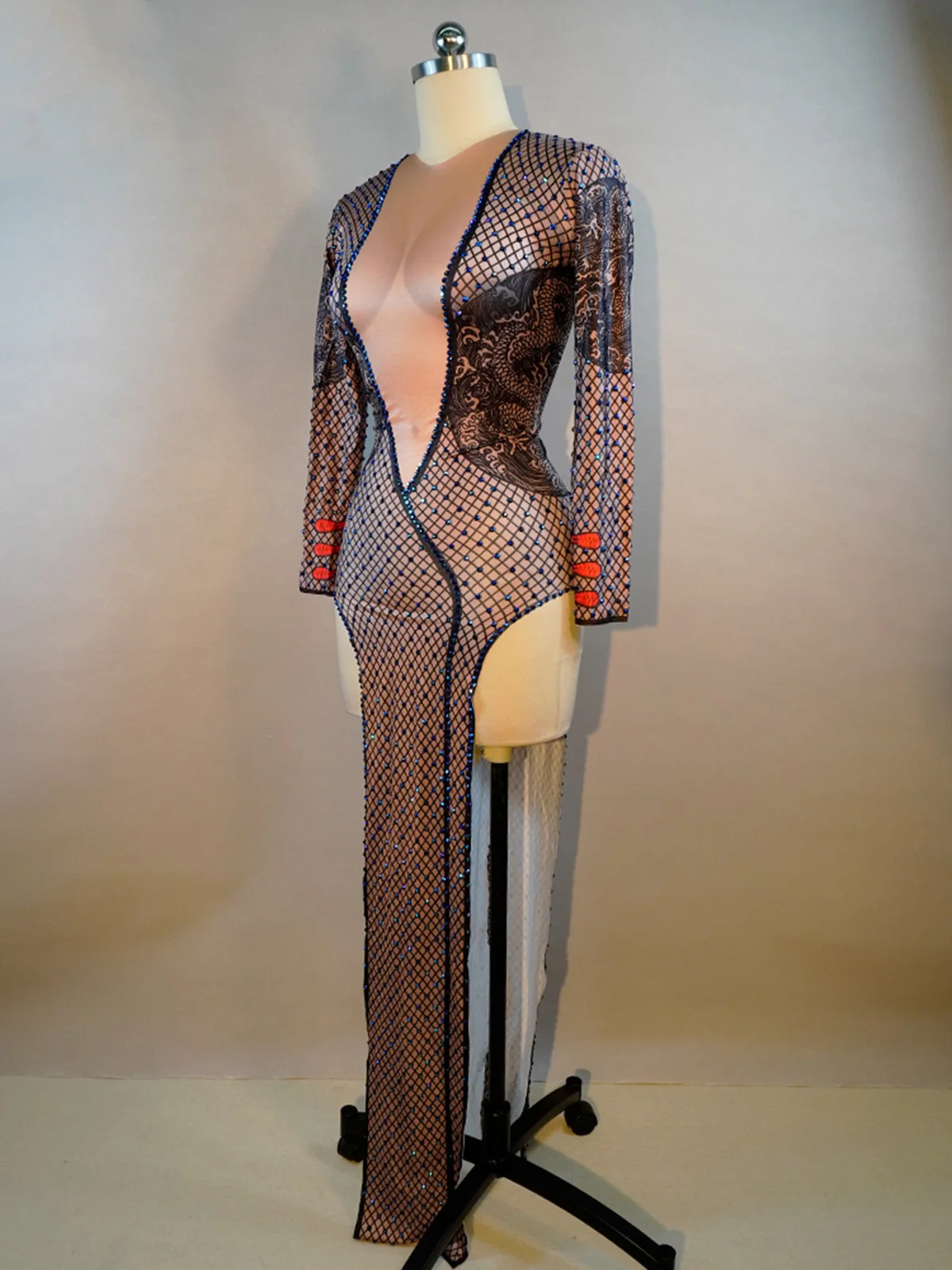 شنغهاي إحياء شيونغسام جديد وصول حجر الراين فستان المرأة الأزهار طباعة طويلة الأكمام عالية الشق المرحلة زي سحب حفلة تنكرية