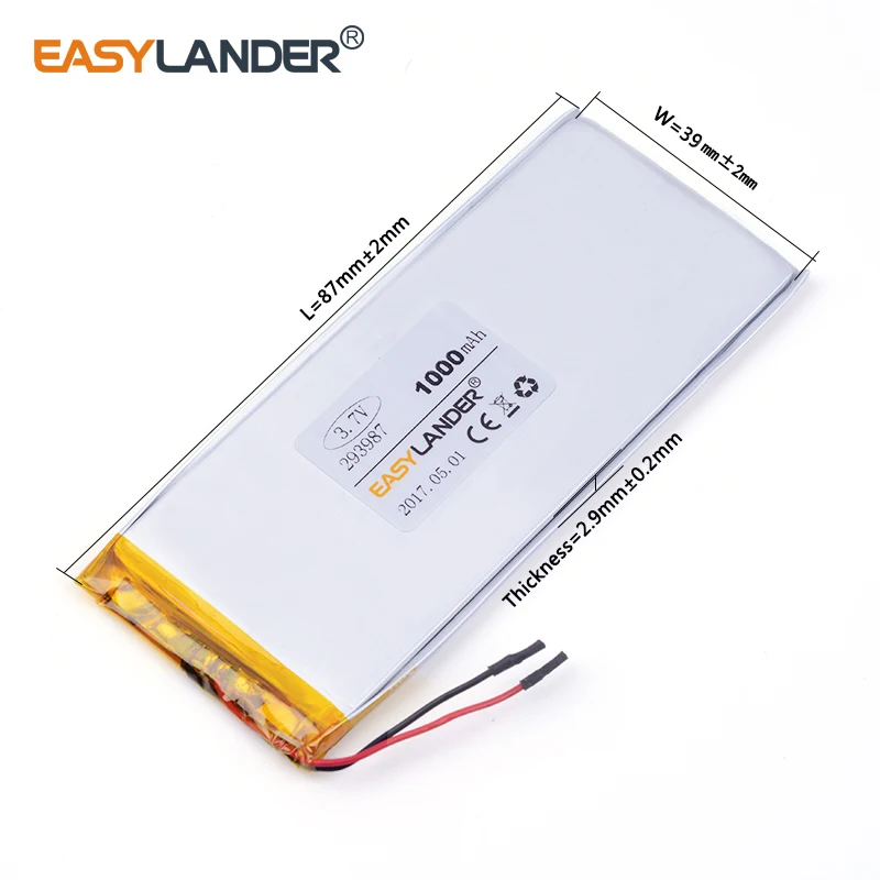 10 قطعة/الوحدة 3.7 فولت 293987   بطارية ليثيوم أيون ليثيوم بوليمر قابلة لإعادة الشحن 1000 مللي أمبير في الساعة للكمبيوتر اللوحي MP3 MP4 GPS PSP
