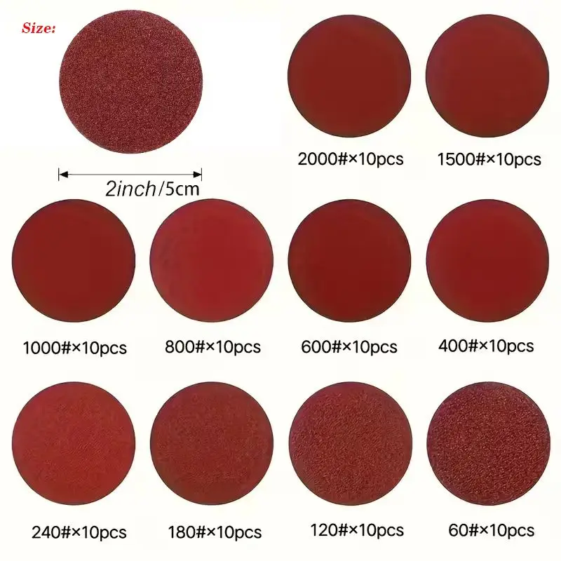 100/200pcs 2-Inch Oxide Sandpaper Set - 60-2000 Grit, Durable Household Polishing Kit, Suitable for Woodworking, Metal, Woodwork