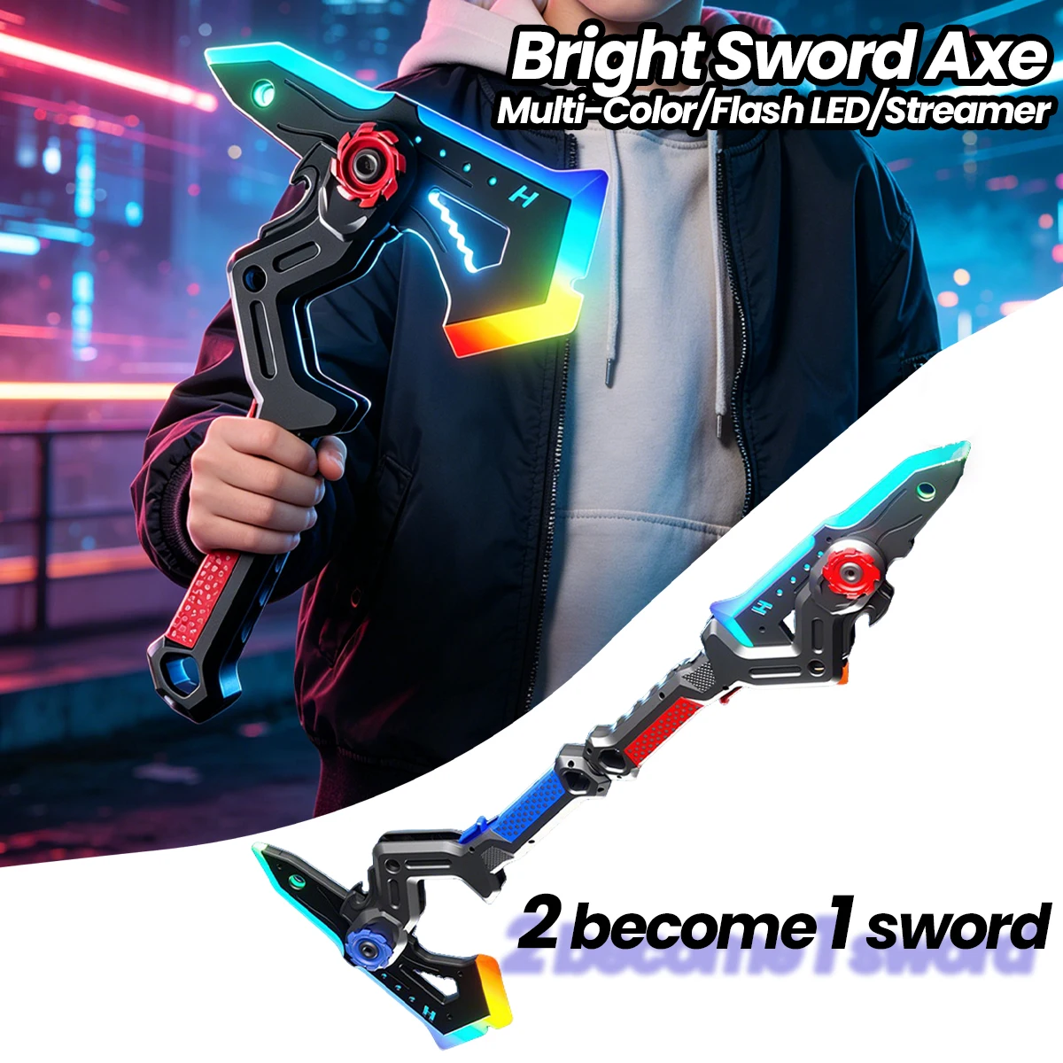 Juguete para exteriores, espada brillante, hacha, luz LED multicolor, espada de cosplay, juguete interactivo para fiestas familiares, para niños y adultos