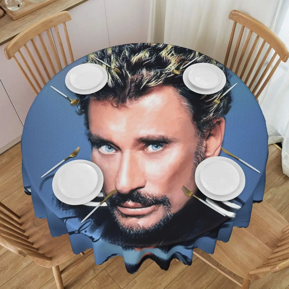 Johnny Hallyday Tablecloth Round Waterproof French Rock Singer Table Cover Cloth for Kitchen 60 inch