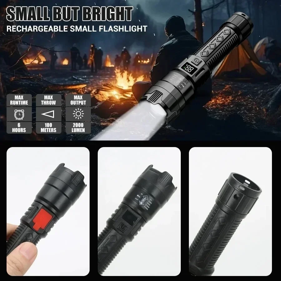 High Strong Power Led Flashlights 2000LM Tactical Torch with Display Light USB Charging Camping Fishing Emergency Zoom Lantern